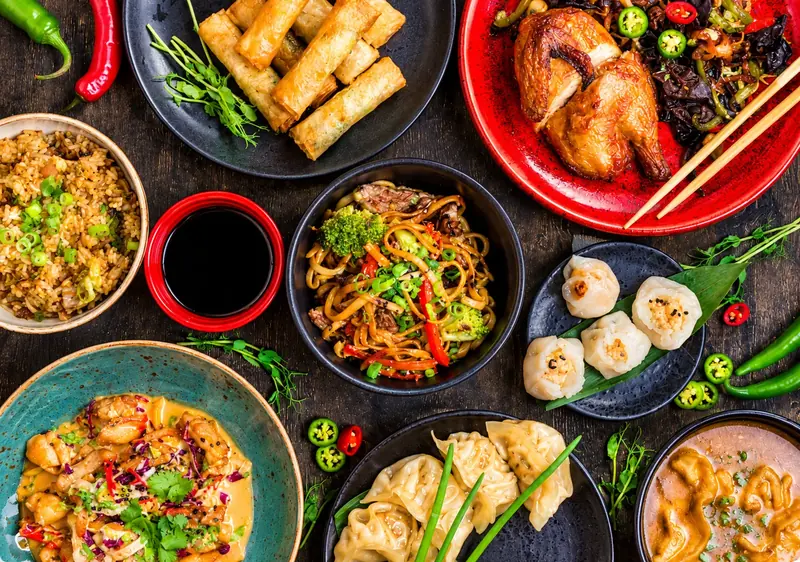 Colorful spread of Asian Chinese-style dishes